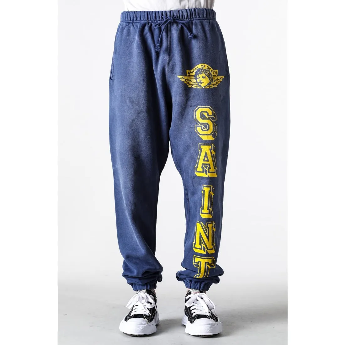 SAINT M×××××× ANGEL SWEATER PANTS/NAVY Angel Reborn Blue Sweatpants Washed Blue S-XL Assute Garment Dyeing Full Clothes Water Fading Dirty and Distressed New Vintage Ceiling God Cut Original Same Style